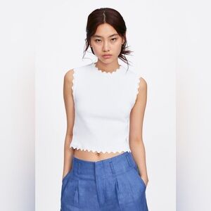 Zara Scalloped Trim Sleeveless Knit Tank | Cream | Size S